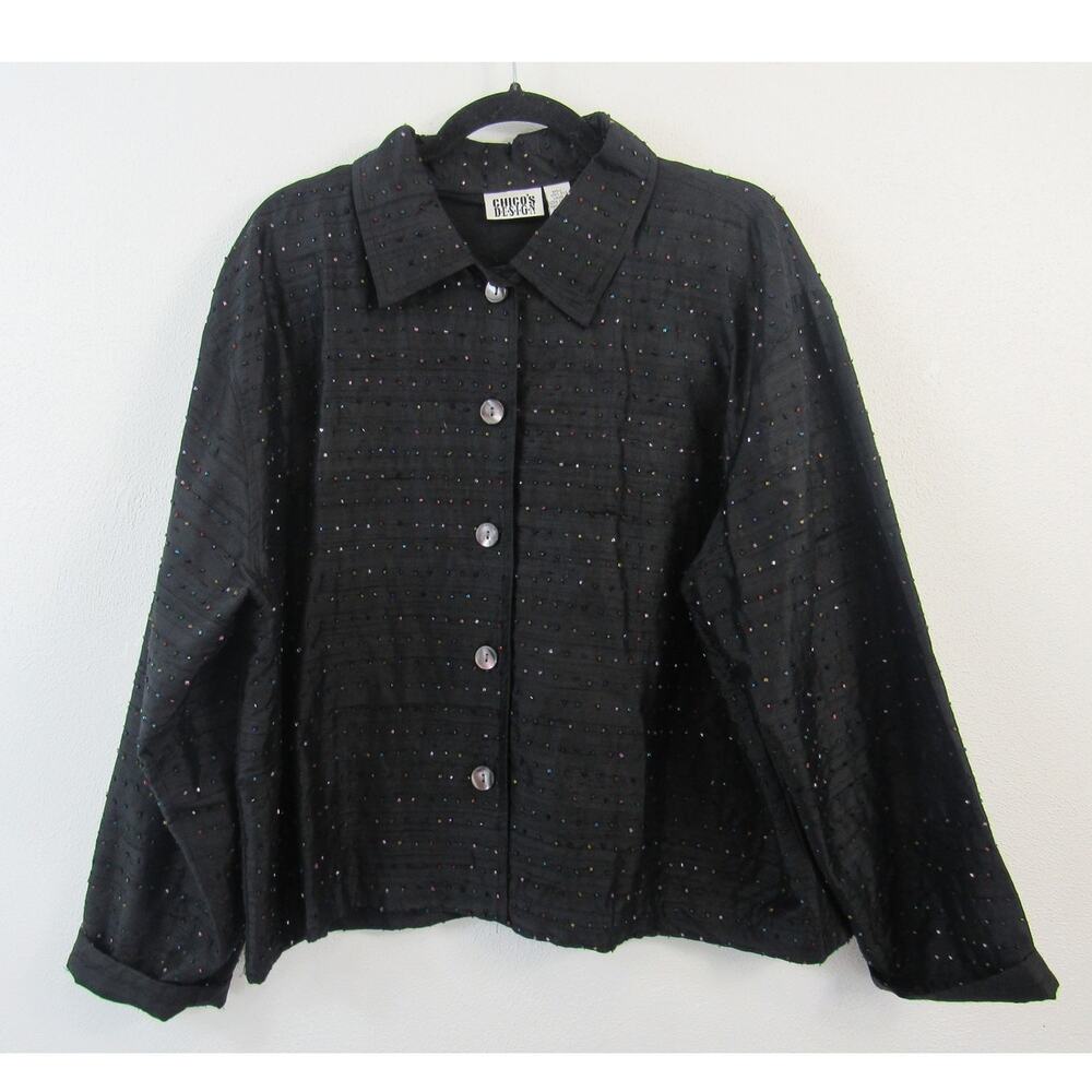 Chico's Design Black Silk Beaded Rainbow Button Up Jacket Cotton Size 3-XL / 16